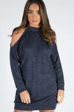 Rebellious Fashion Navy Soft Cold Shoulder Jumper Dress - Tina