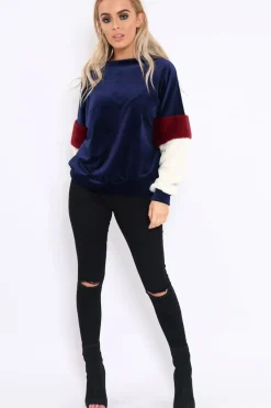 Rebellious Fashion Navy Soft Fur Jumper with Contrast Sleeves - Erla