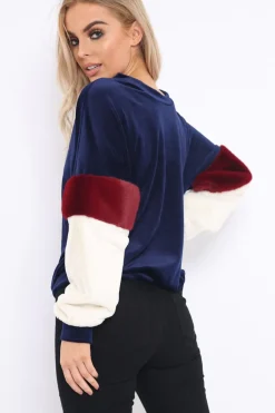 Rebellious Fashion Navy Soft Fur Jumper with Contrast Sleeves - Erla