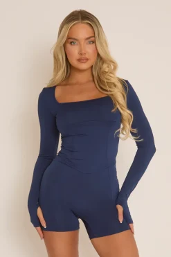 Rebellious Fashion Navy Square Neck Long Sleeves Playsuit - Rayna