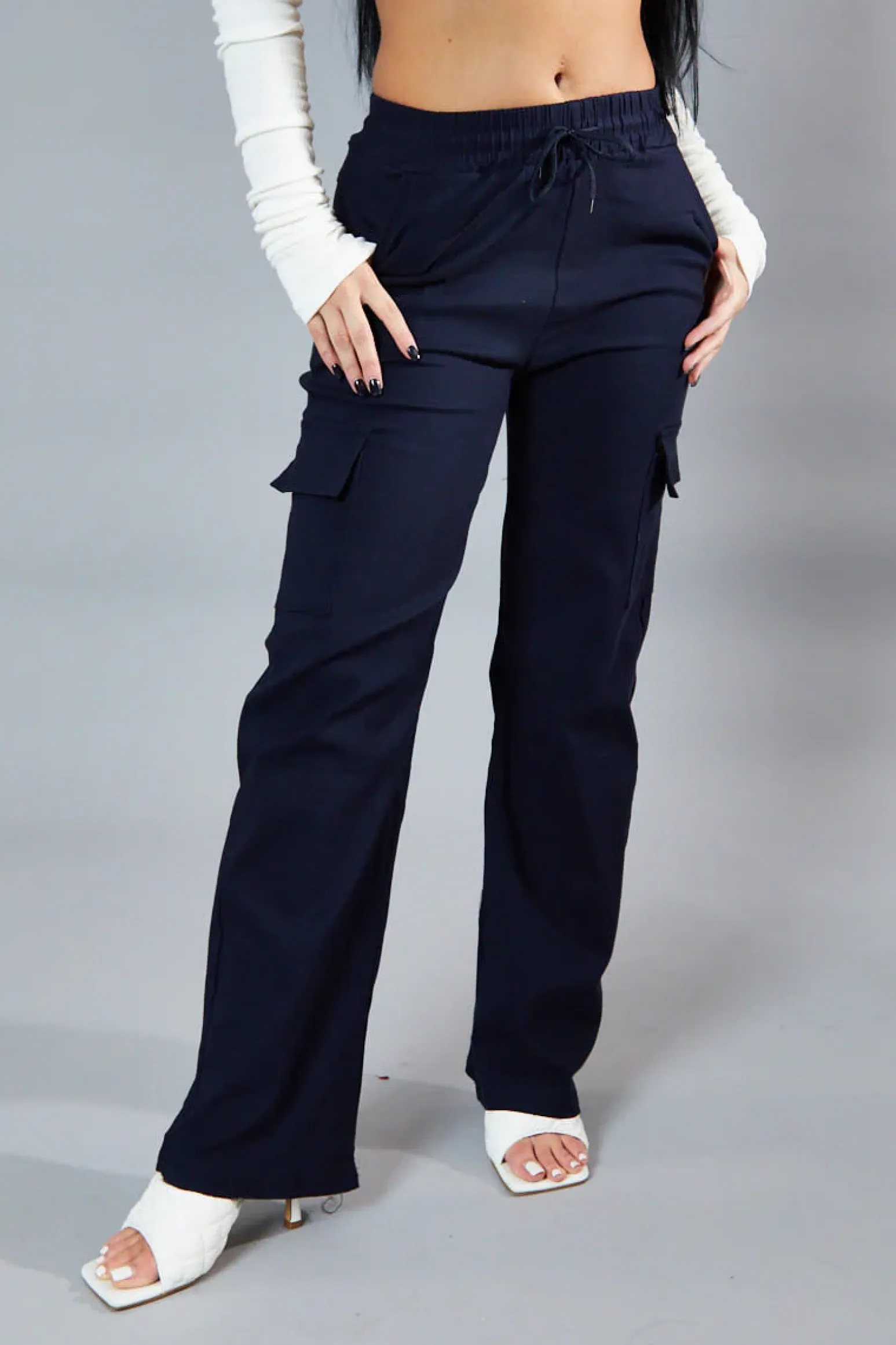 Rebellious Fashion Navy Straight Leg Cargo Trousers - Rian