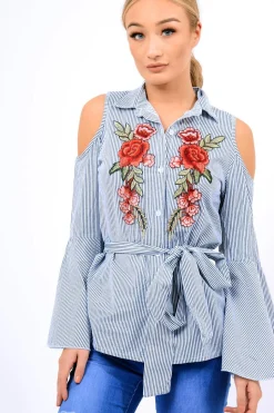 Rebellious Fashion Navy Striped Cold Shoulder Tie Shirt - Aniyah