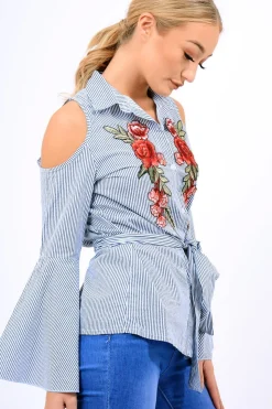 Rebellious Fashion Navy Striped Cold Shoulder Tie Shirt - Aniyah