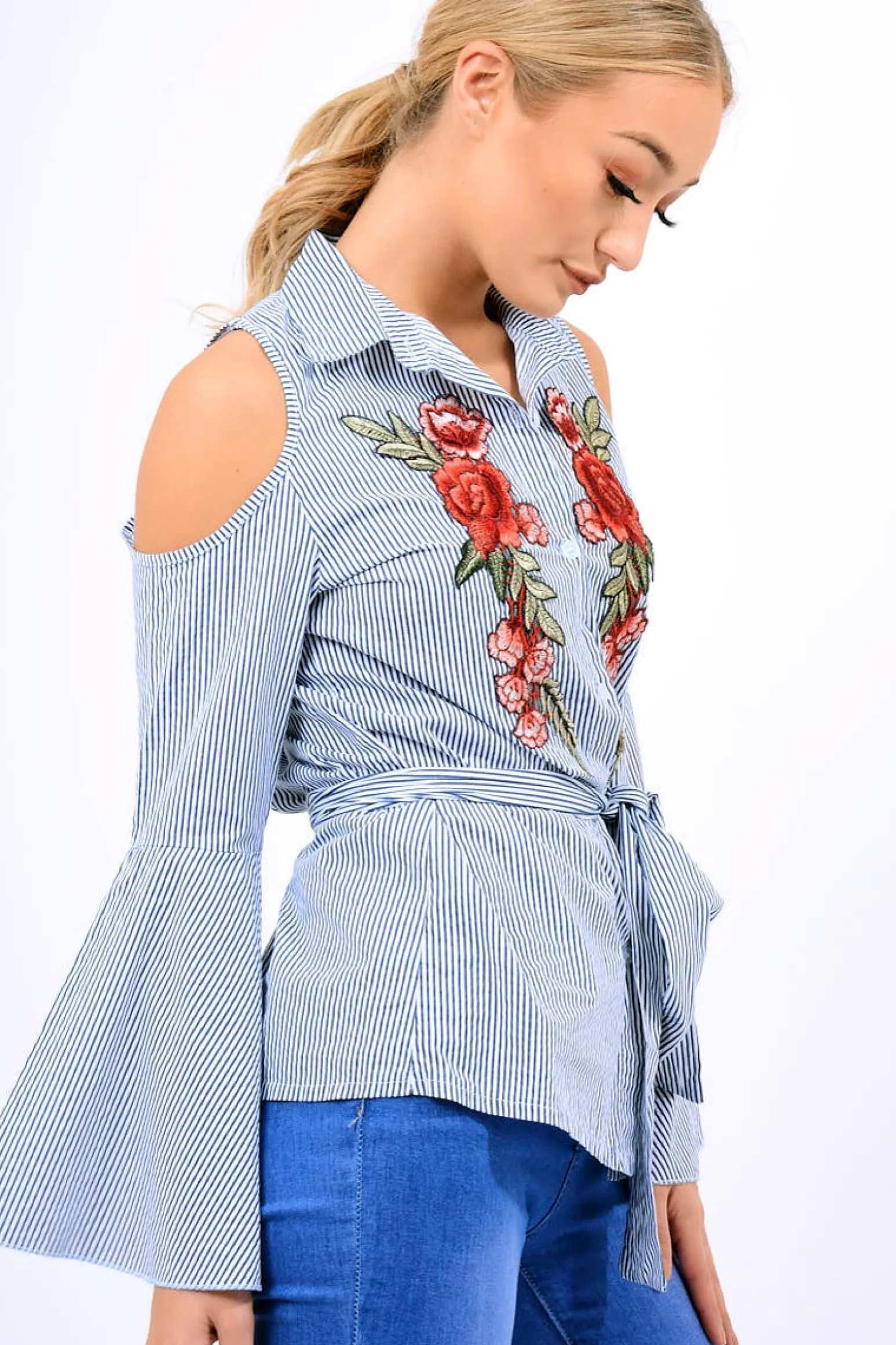 Rebellious Fashion Navy Striped Cold Shoulder Tie Shirt - Aniyah