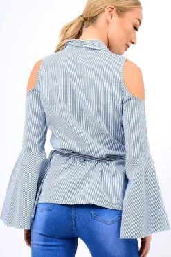 Rebellious Fashion Navy Striped Cold Shoulder Tie Shirt - Aniyah