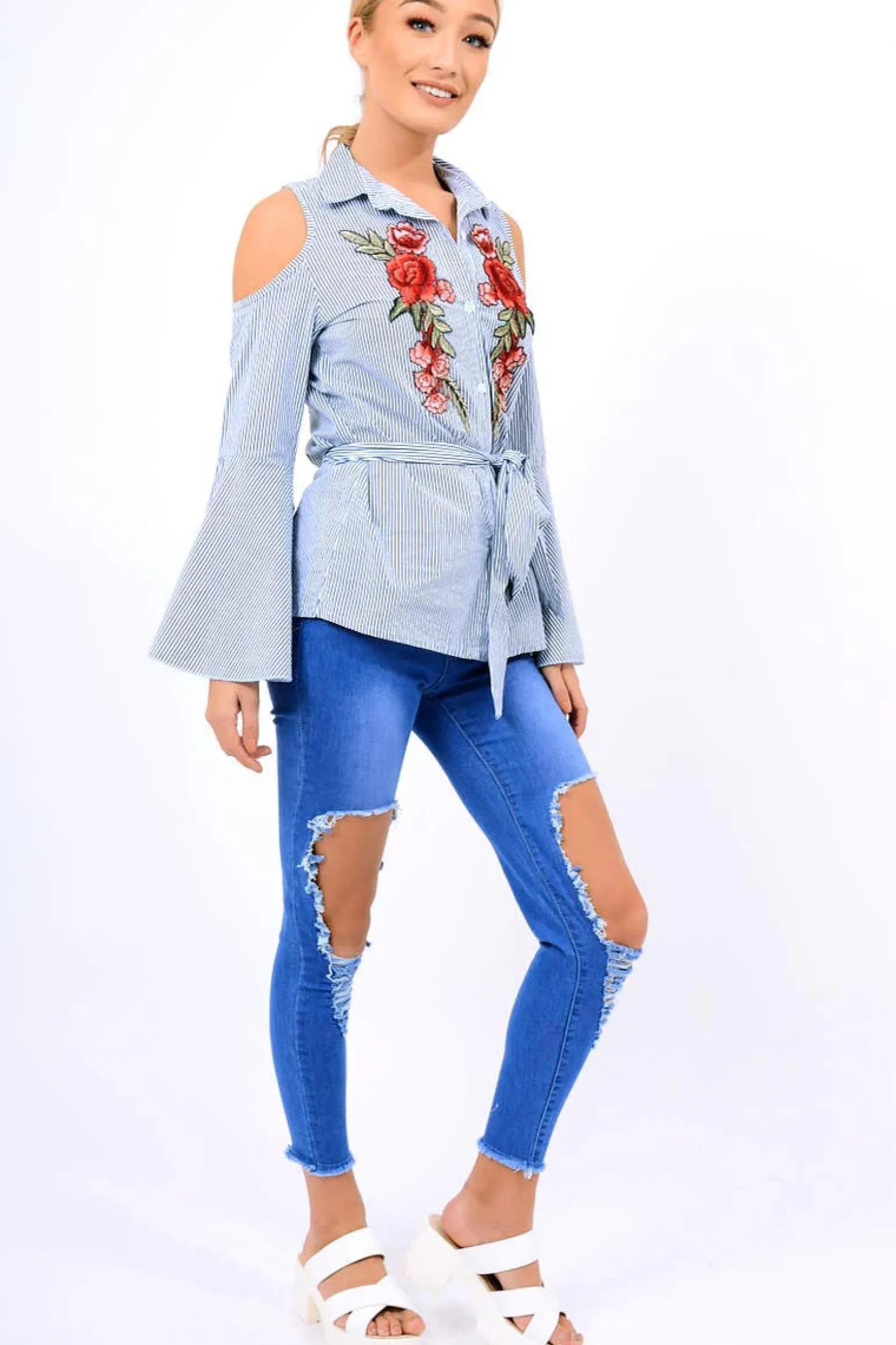 Rebellious Fashion Navy Striped Cold Shoulder Tie Shirt - Aniyah