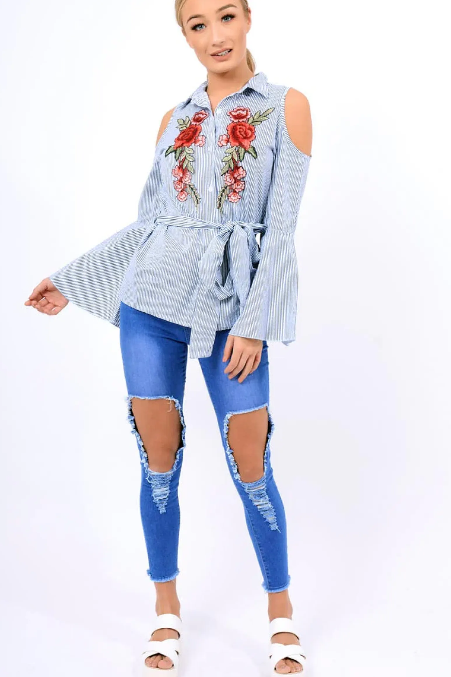 Rebellious Fashion Navy Striped Cold Shoulder Tie Shirt - Aniyah