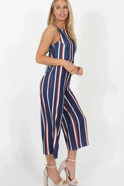 Rebellious Fashion Navy Striped Culotte Jumpsuit - Beatrix