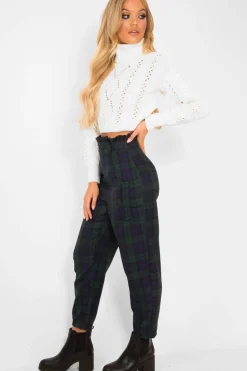 Rebellious Fashion Navy Tartan Frill Detail Trousers - Bristal