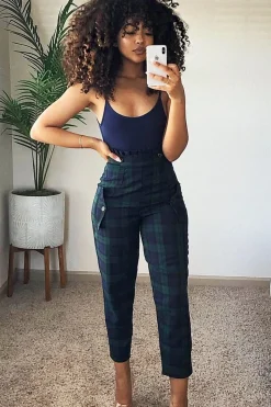 Rebellious Fashion Navy Tartan Frill Detail Trousers - Bristal
