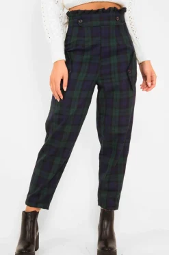 Rebellious Fashion Navy Tartan Frill Detail Trousers - Bristal