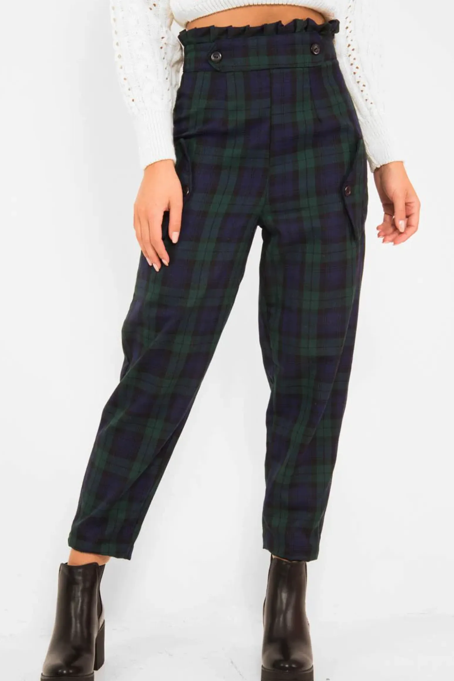 Rebellious Fashion Navy Tartan Frill Detail Trousers - Bristal