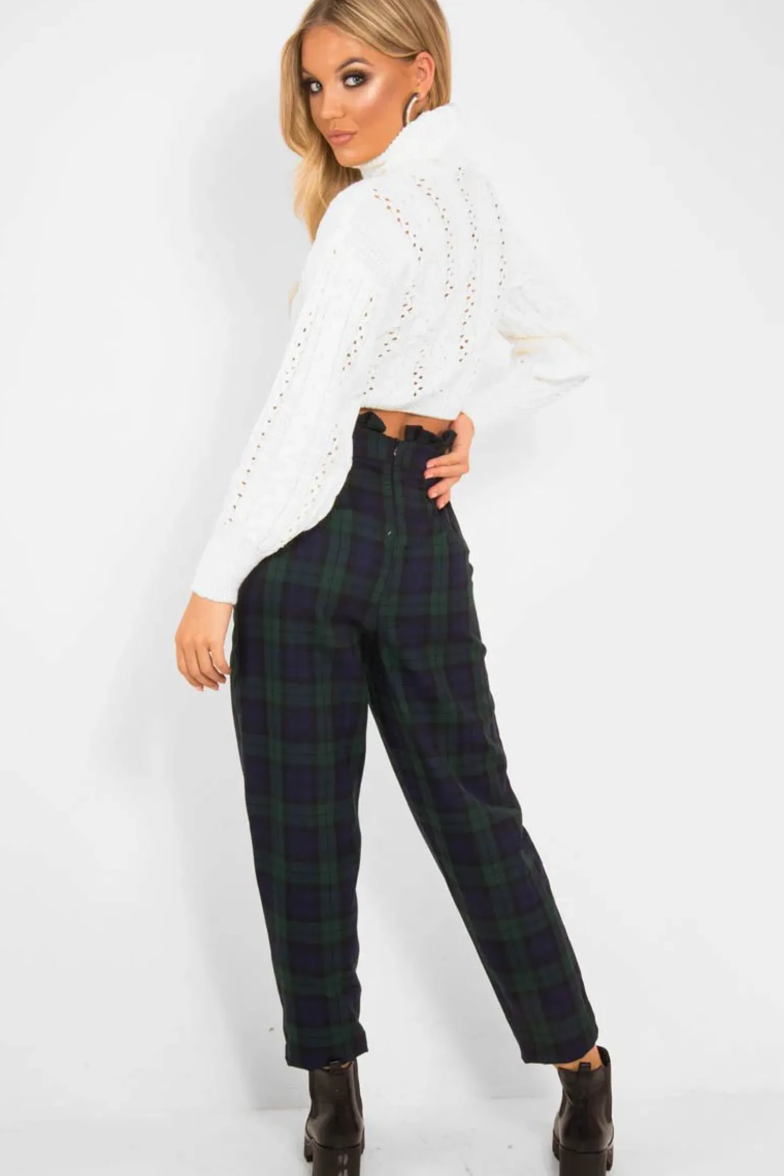 Rebellious Fashion Navy Tartan Frill Detail Trousers - Bristal