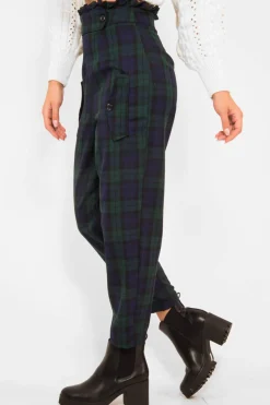 Rebellious Fashion Navy Tartan Frill Detail Trousers - Bristal