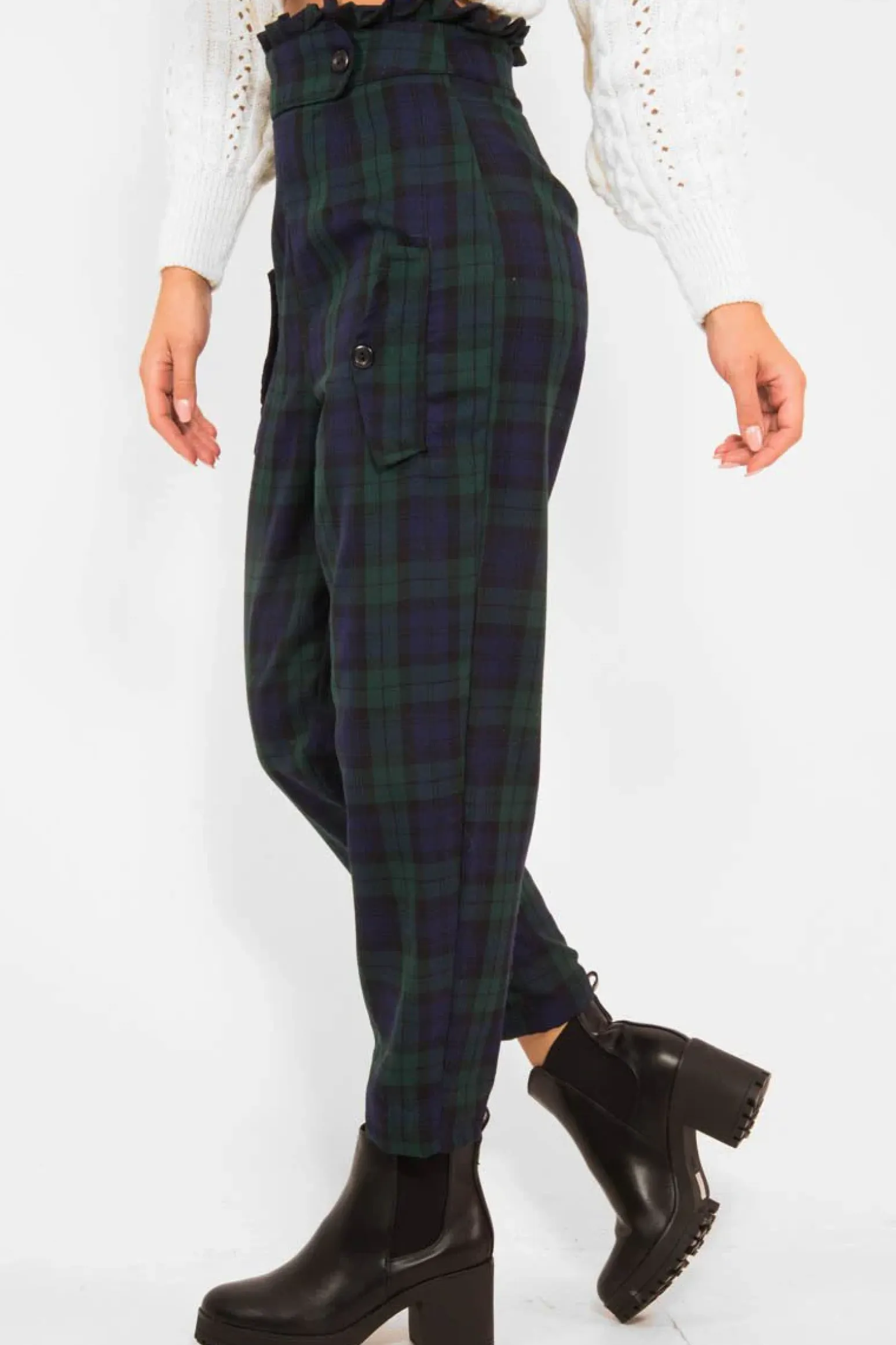 Rebellious Fashion Navy Tartan Frill Detail Trousers - Bristal