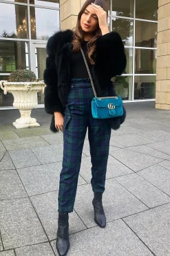Rebellious Fashion Navy Tartan Frill Detail Trousers - Bristal