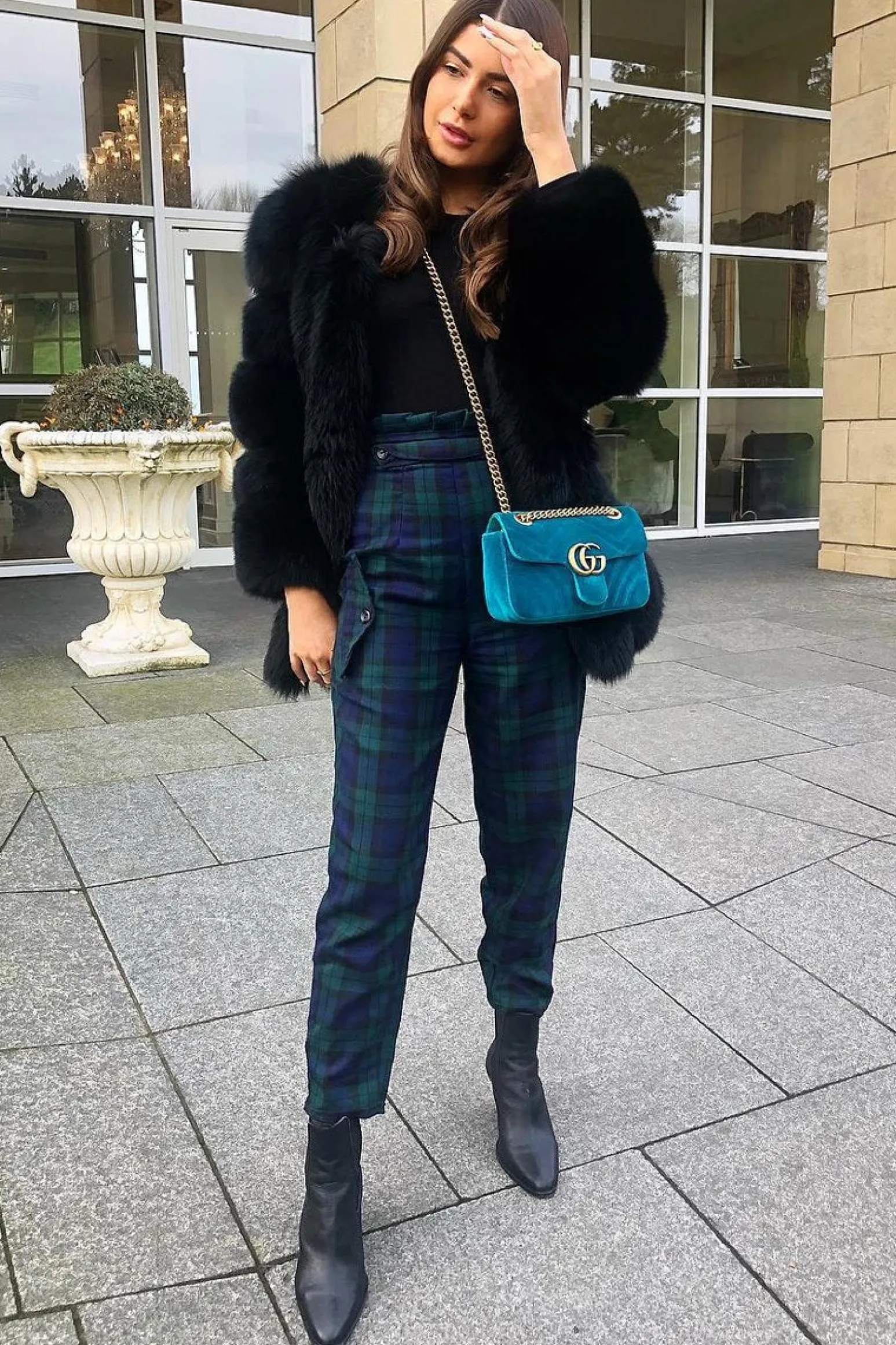 Rebellious Fashion Navy Tartan Frill Detail Trousers - Bristal