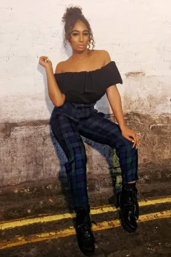 Rebellious Fashion Navy Tartan Frill Detail Trousers - Bristal