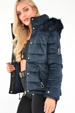 Rebellious Fashion Navy Velour Fur Hood Puffer Jacket - Eastlynn