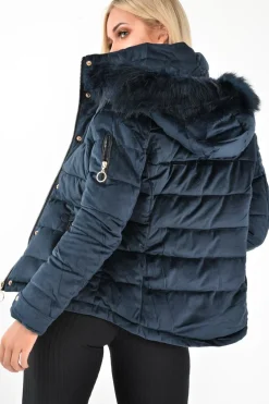 Rebellious Fashion Navy Velour Fur Hood Puffer Jacket - Eastlynn