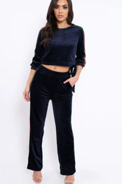 Rebellious Fashion Navy Velvet Striped Set with Bow - Kelbie