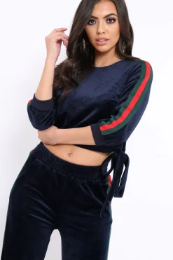 Rebellious Fashion Navy Velvet Striped Set with Bow - Kelbie