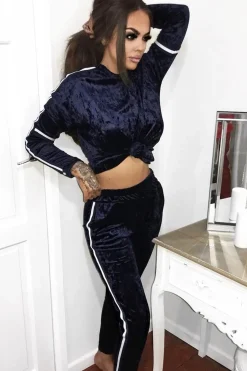 Rebellious Fashion Navy Velvet Striped Trim Co-ord Set - Beau