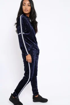 Rebellious Fashion Navy Velvet Striped Trim Co-ord Set - Beau