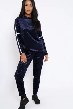 Rebellious Fashion Navy Velvet Striped Trim Co-ord Set - Beau