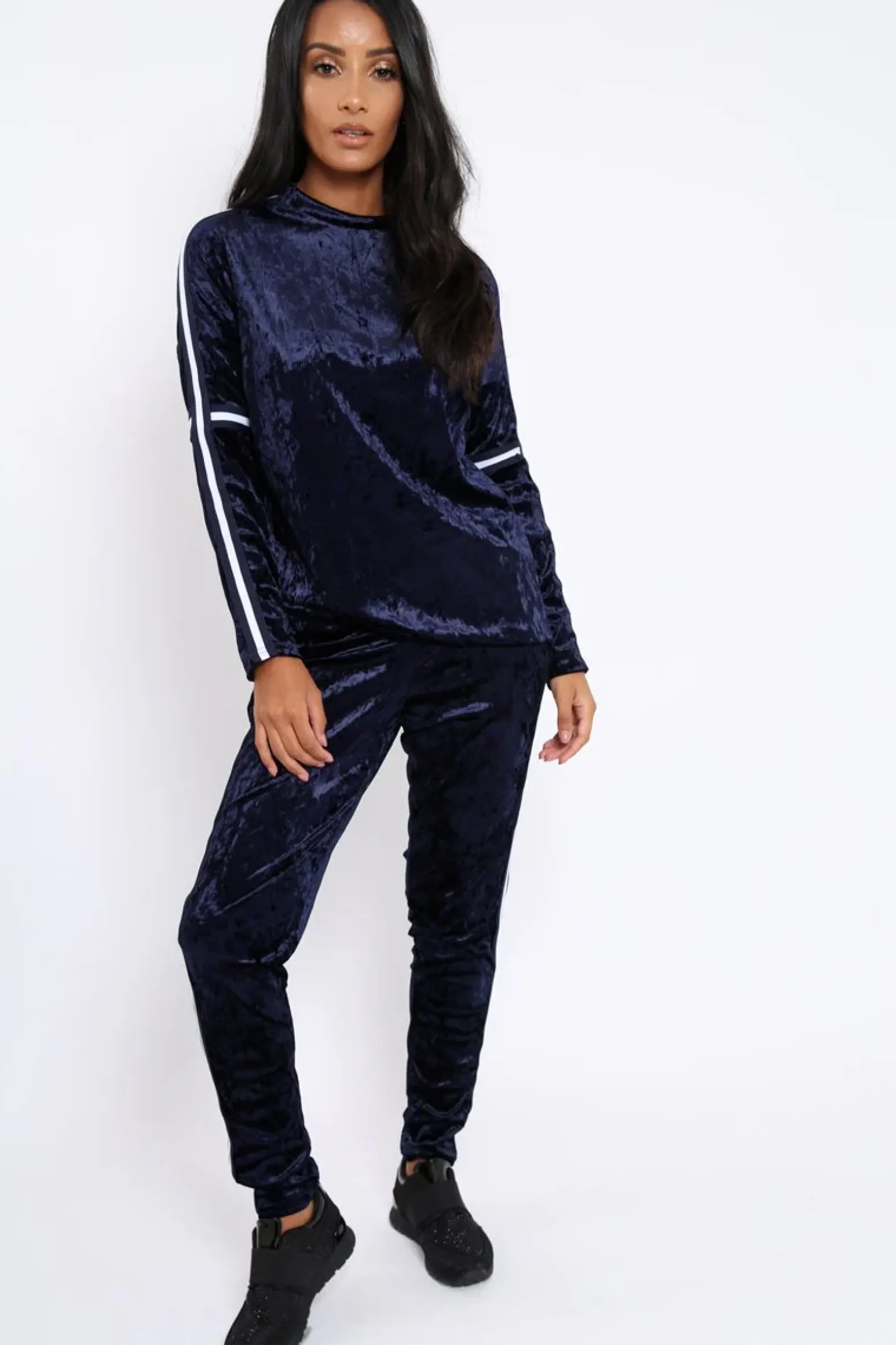 Rebellious Fashion Navy Velvet Striped Trim Co-ord Set - Beau