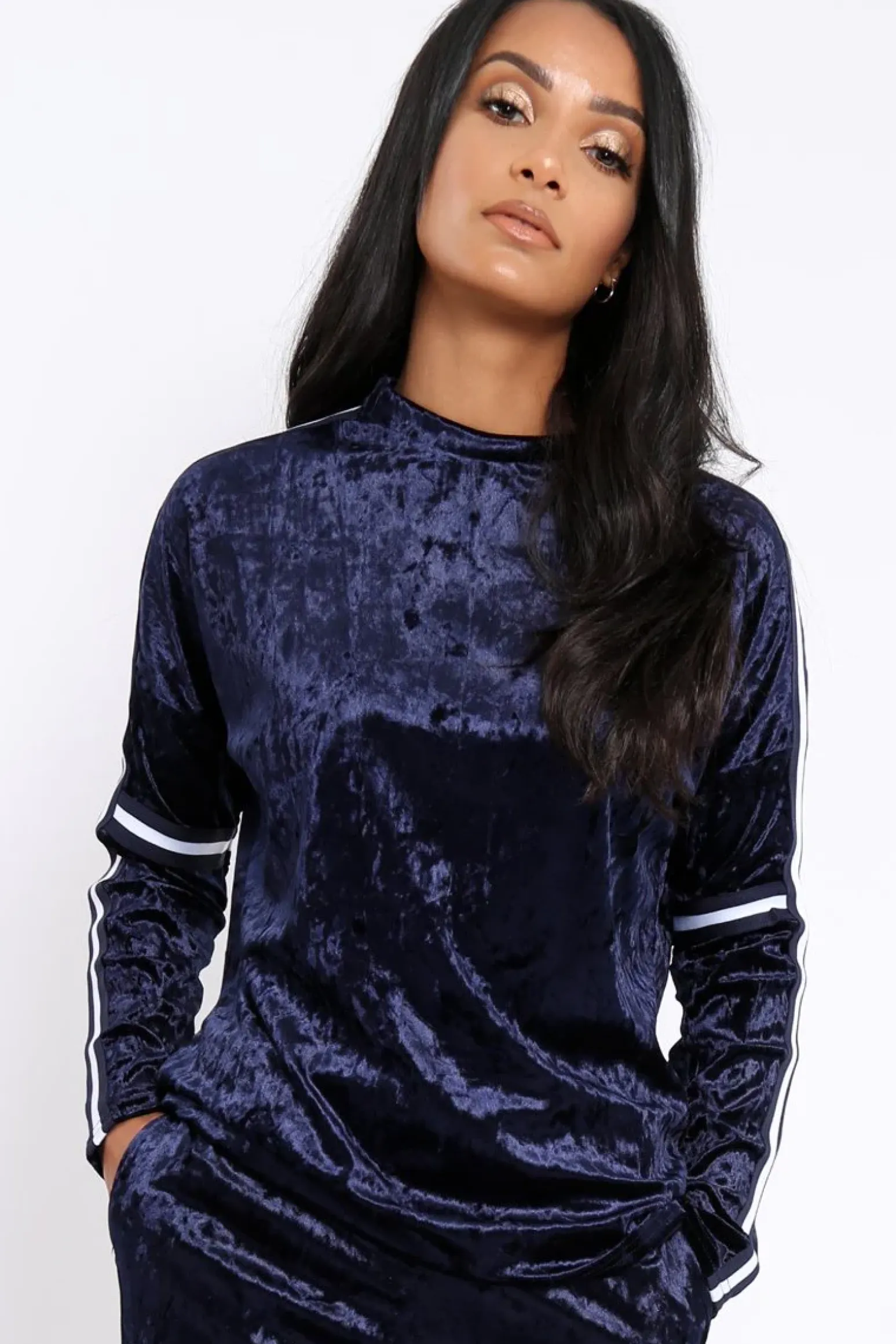Rebellious Fashion Navy Velvet Striped Trim Co-ord Set - Beau