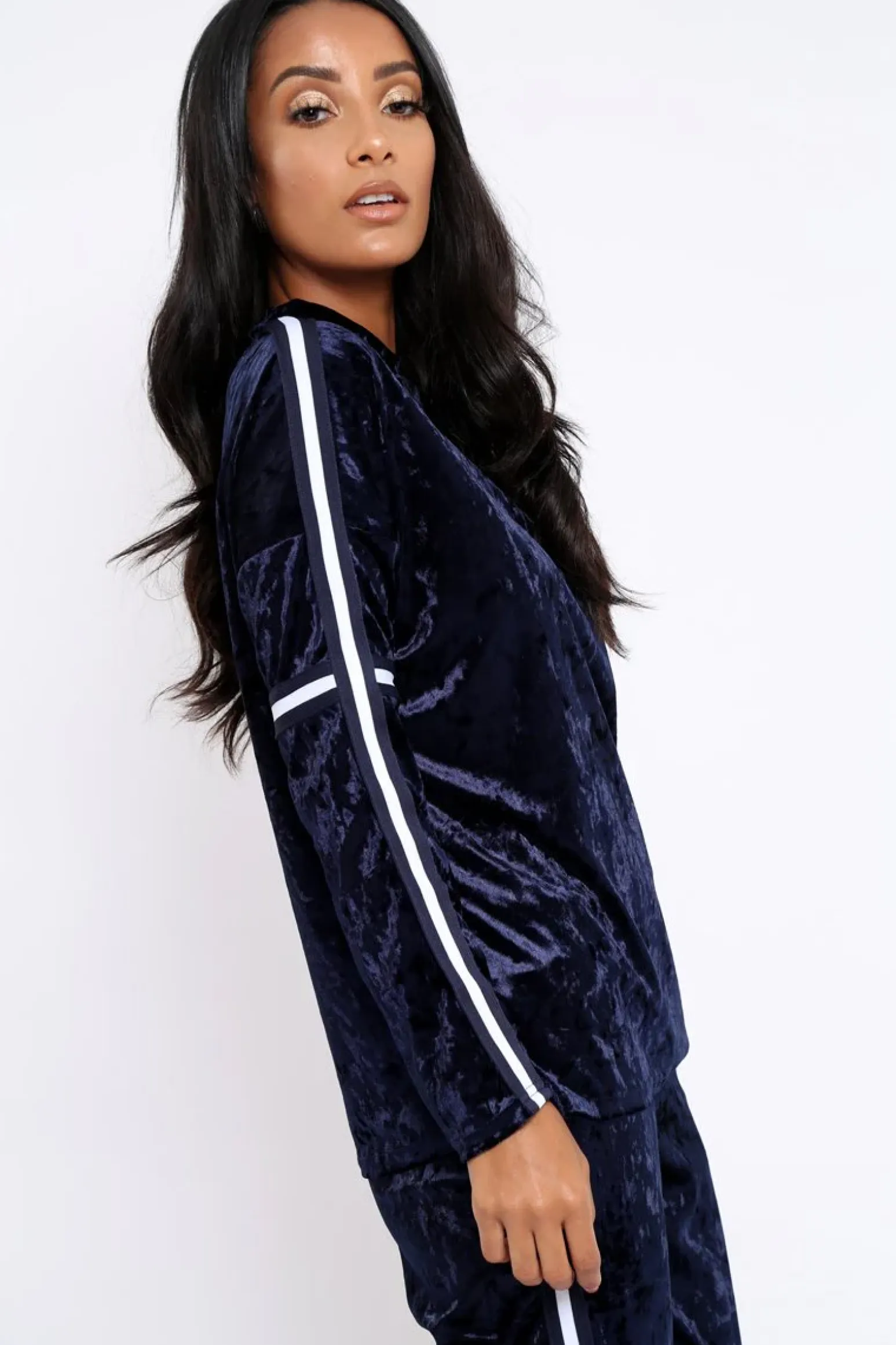 Rebellious Fashion Navy Velvet Striped Trim Co-ord Set - Beau