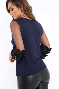 Rebellious Fashion Navy V Neck Jumper with Mesh Ruffled Sleeves - Amirah