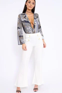 Rebellious Fashion Navy V-Plunge Leopard Print Bodysuit - Hazell