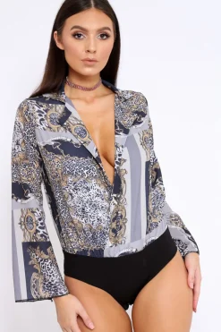 Rebellious Fashion Navy V-Plunge Leopard Print Bodysuit - Hazell