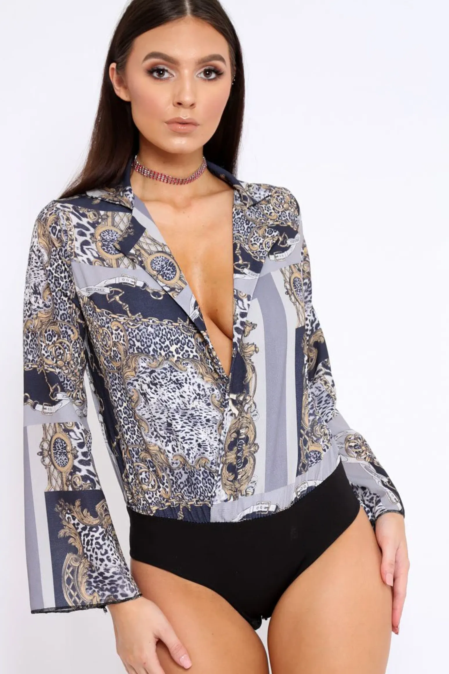 Rebellious Fashion Navy V-Plunge Leopard Print Bodysuit - Hazell