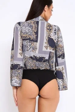 Rebellious Fashion Navy V-Plunge Leopard Print Bodysuit - Hazell