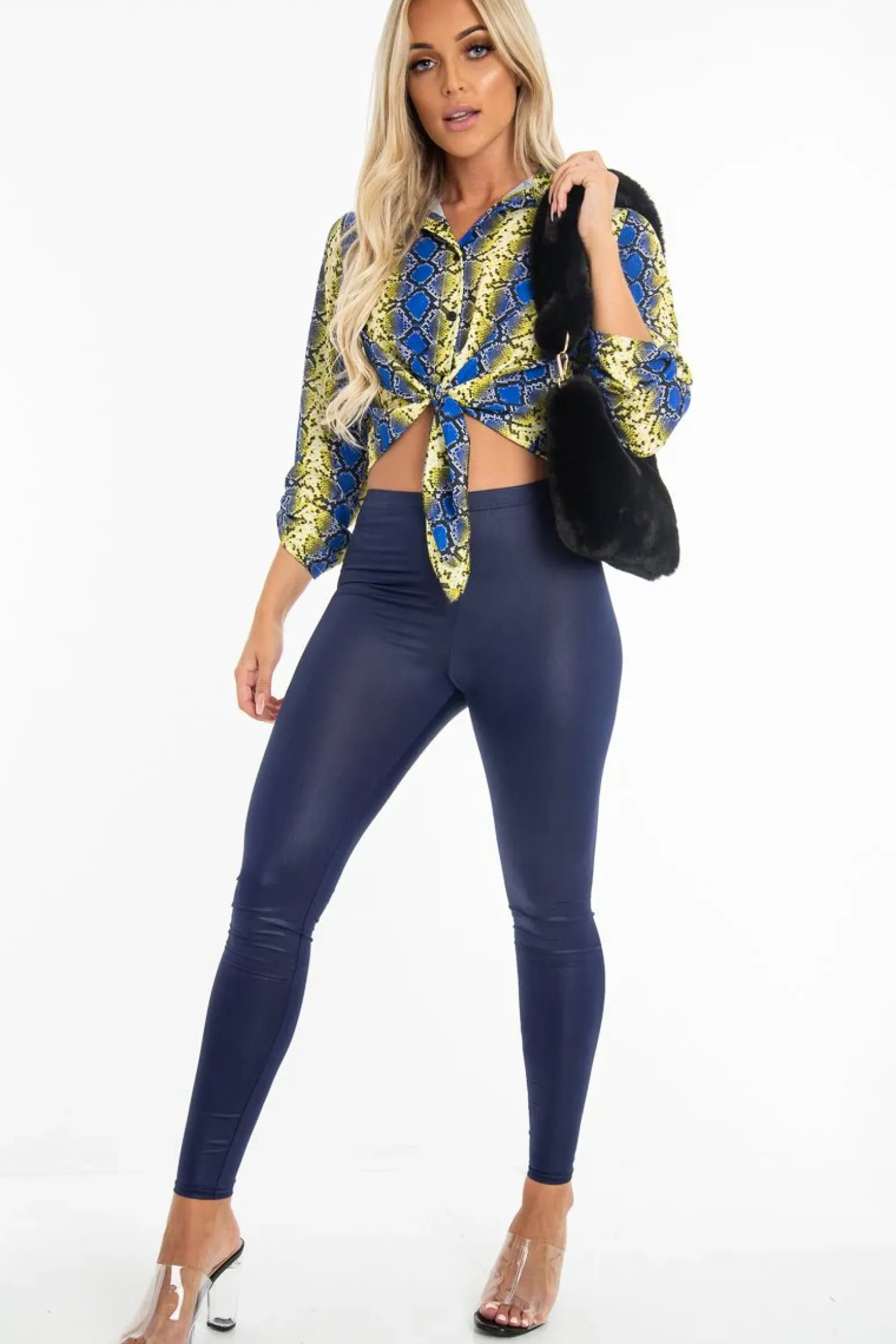 Rebellious Fashion Navy Wet Look High Waist Leggings - Imogen