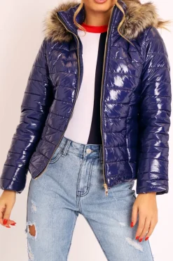 Rebellious Fashion Navy Wet Look Puffer Coat - Soph