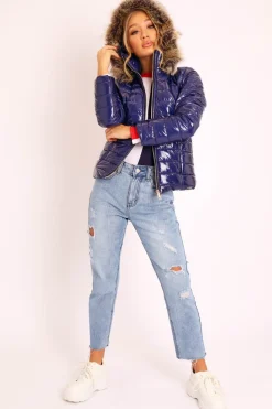 Rebellious Fashion Navy Wet Look Puffer Coat - Soph