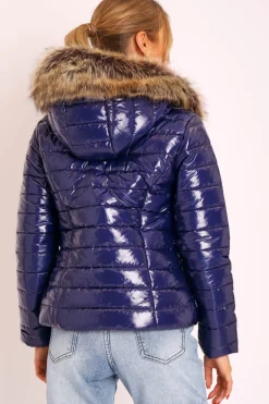 Rebellious Fashion Navy Wet Look Puffer Coat - Soph