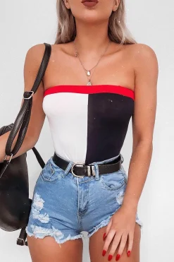 Rebellious Fashion Navy White And Red Colour Block Bandeau Bodysuit - Breta