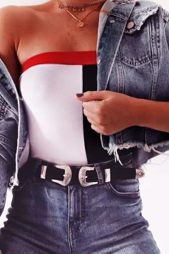 Rebellious Fashion Navy White And Red Colour Block Bandeau Bodysuit - Breta
