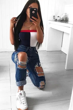 Rebellious Fashion Navy White And Red Colour Block Bandeau Bodysuit - Breta