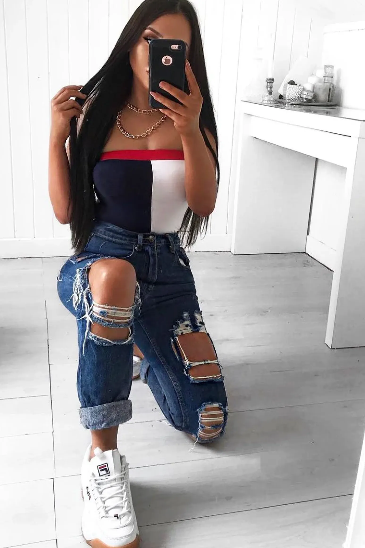 Rebellious Fashion Navy White And Red Colour Block Bandeau Bodysuit - Breta