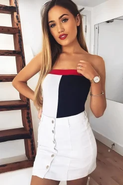 Rebellious Fashion Navy White And Red Colour Block Bandeau Bodysuit - Breta