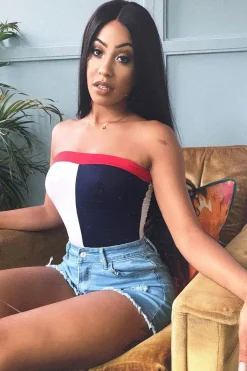 Rebellious Fashion Navy White And Red Colour Block Bandeau Bodysuit - Breta