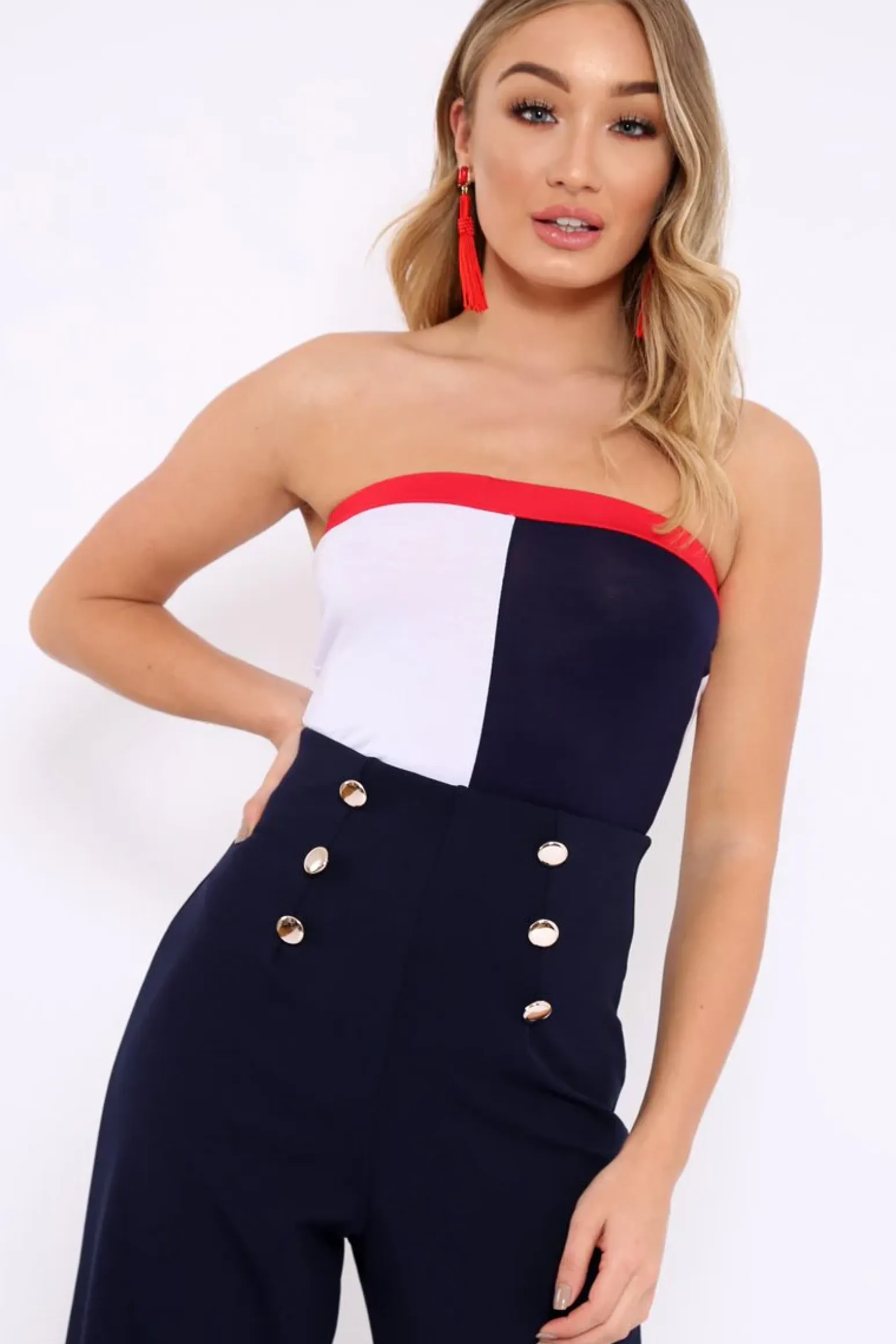 Rebellious Fashion Navy White And Red Colour Block Bandeau Bodysuit - Breta