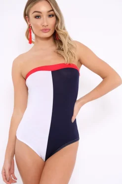 Rebellious Fashion Navy White And Red Colour Block Bandeau Bodysuit - Breta