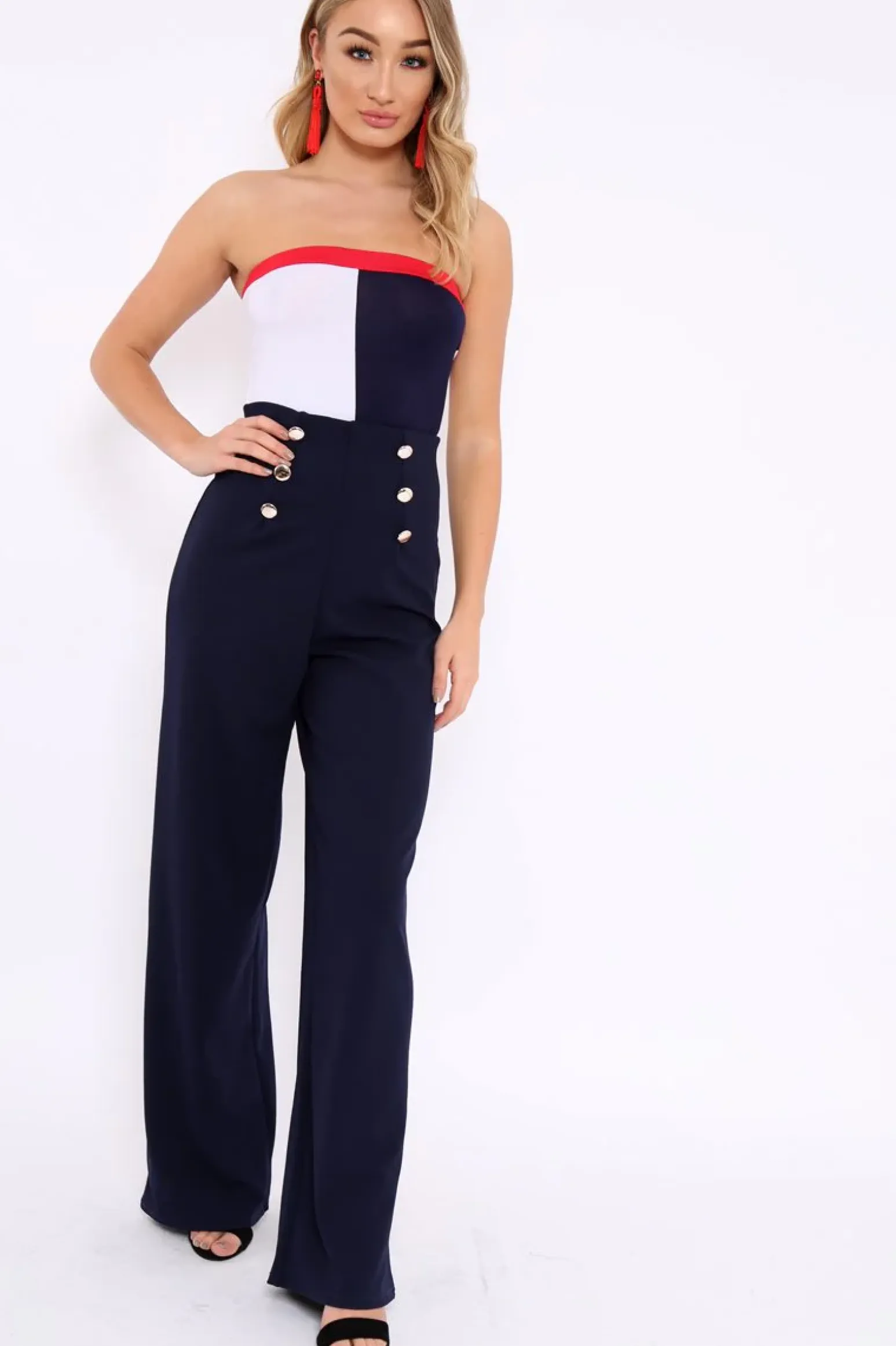 Rebellious Fashion Navy White And Red Colour Block Bandeau Bodysuit - Breta
